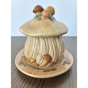 Mushroom Ceramic Sugar Honey Bowl Lid Saucer Cottagecore Boho Farmhouse